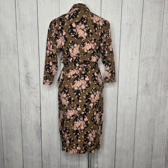 Vintage 80s Rayon Floral Shirt Dress Brown Pink Made USA, sz 9/10 - Picture 4 of 6